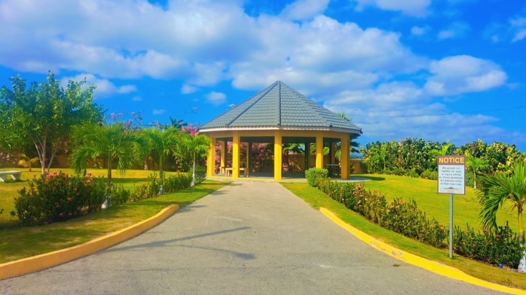 Gazebo at the end of a landscaped walkway